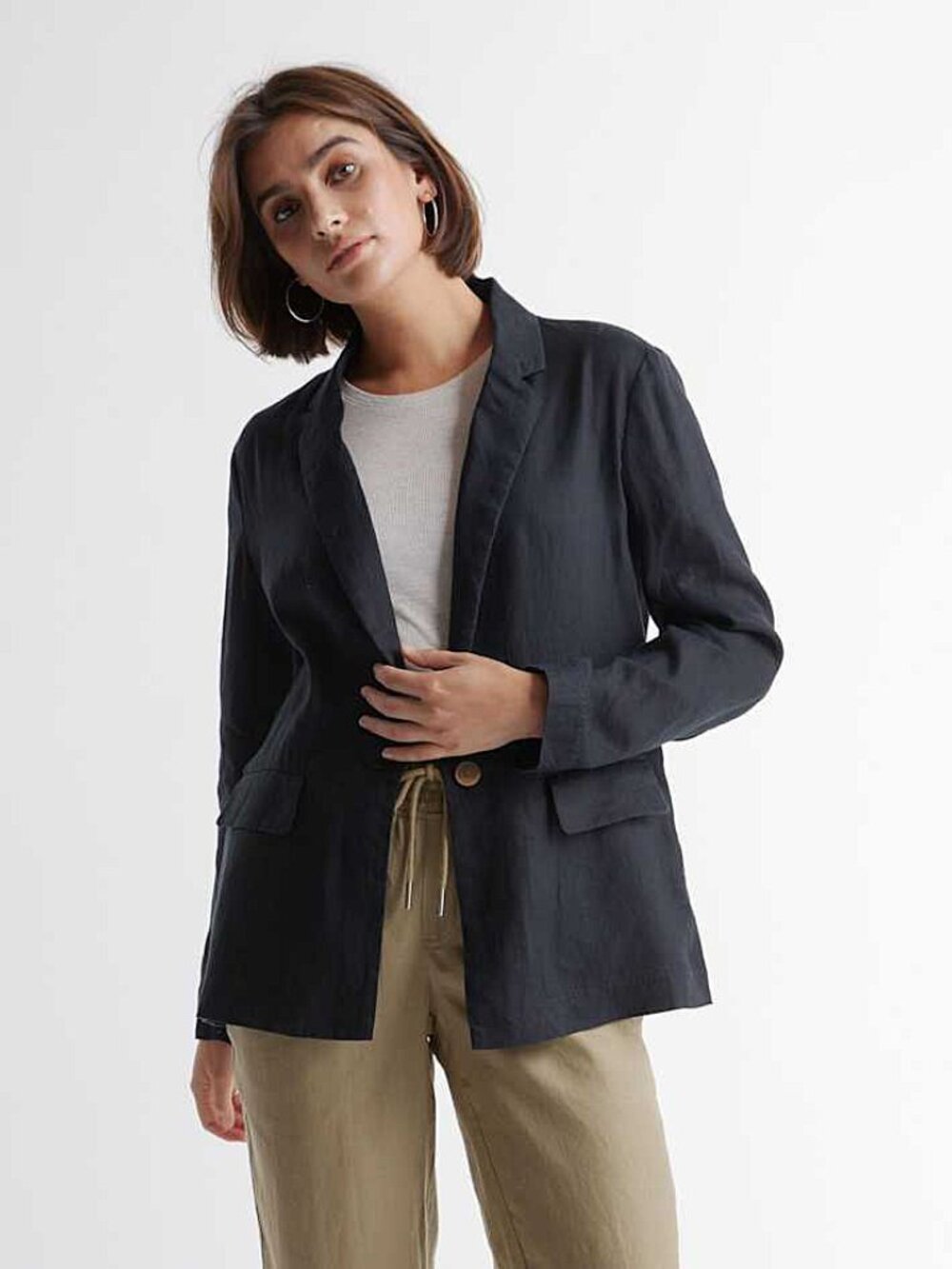 Quince Women's Linen Blazer in Black 100% Flax Linen Weave L - sold out!